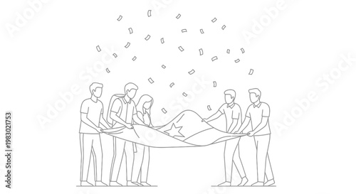 Diverse group of people holding a flag with a star, celebrating with confetti