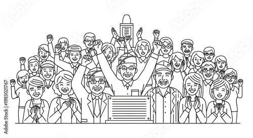 Diverse group of people celebrating success at an event with a speaker at a podium.