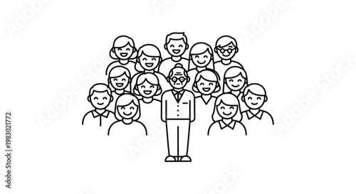 Diverse Group of People Smiling Behind an Elderly Man in Business Attire