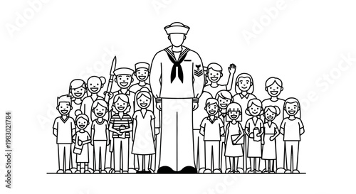 Diverse Group of People Surrounding a Proud U.S. Navy Sailor in Uniform
