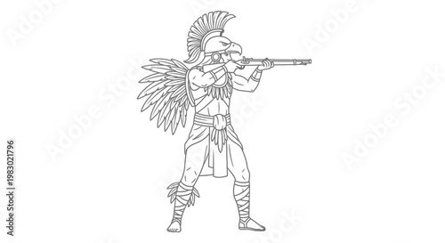 Eagle Warrior with Rifle, Tribal Hunter, Ancient Warrior, Line Art