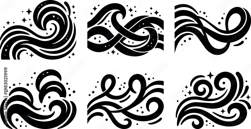 Fototapeta premium Black and white abstract swirling wave and knot vector art set
