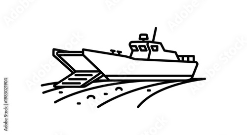 Ferry Boat with Open Ramp, Transporting Vehicles or Cargo, Line Art Icon