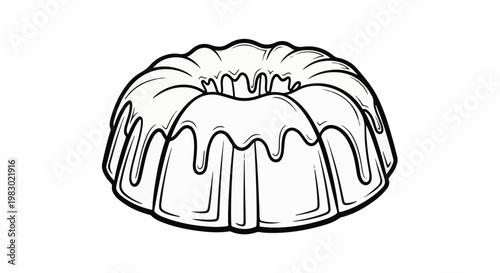 Black and white line art of a bundt cake with icing