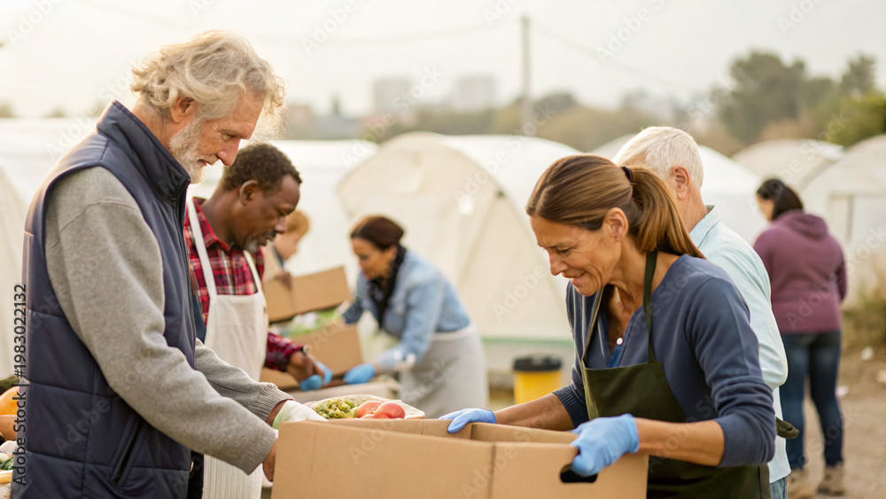 Fototapeta premium People work together at a food distribution center in the afternoon sun to pack fresh produce for local families in need during a community event