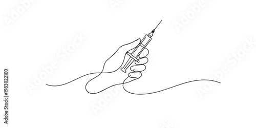 single line doctor hand holding syringe.continuous line drawing of medical hand preparing injection.healthcare and medical treatment concept.one line vector illustration.