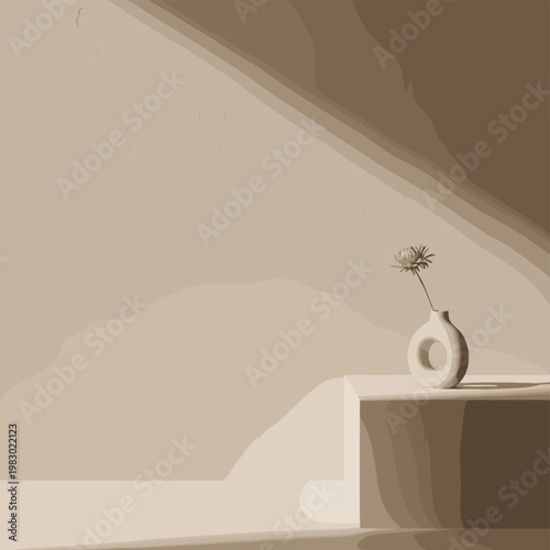 Minimalist still life with a single flower in a modern vase on a pedestal, bathed in soft, warm light and shadows.
