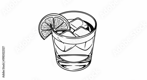 A simplified drawing of a drink with ice and a lemon slice garnish