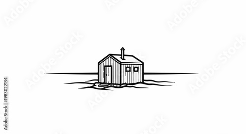 A simple wooden structure with a chimney sits on a barren landscape