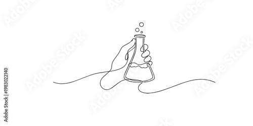 single line hand holding flask.continuous line drawing of hand gripping laboratory flask.science and chemistry experiment concept.one line vector illustration.