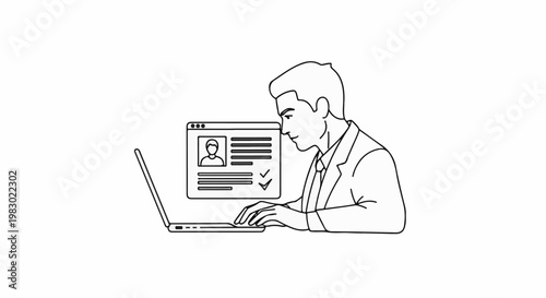 Person in suit using a laptop displaying a profile with checklist items