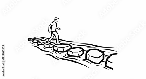 Person carefully stepping on rocks across a flowing stream