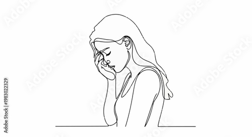 A single line drawing shows a young woman with her head bowed, touching her face