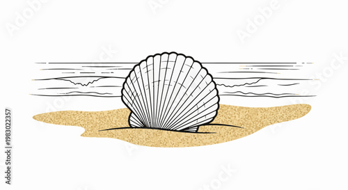 A single scallop shell rests on a sandy beach with the ocean in the background