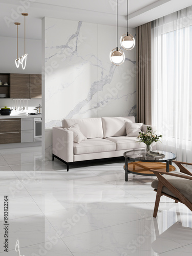 A spacious living room featuring elegant marble flooring and bright white walls, creating a clean and sophisticated look