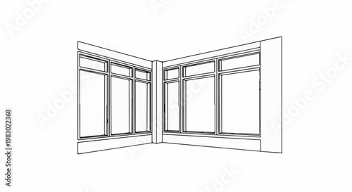 Corner view of a room with large windows on two walls