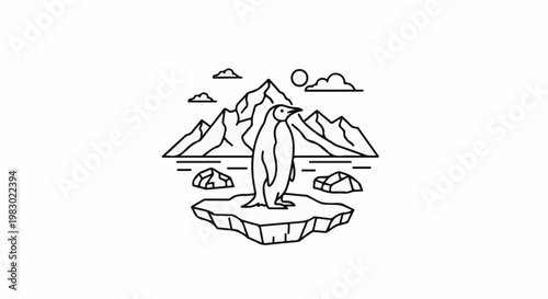 Penguin on ice floe with mountains and clouds in background