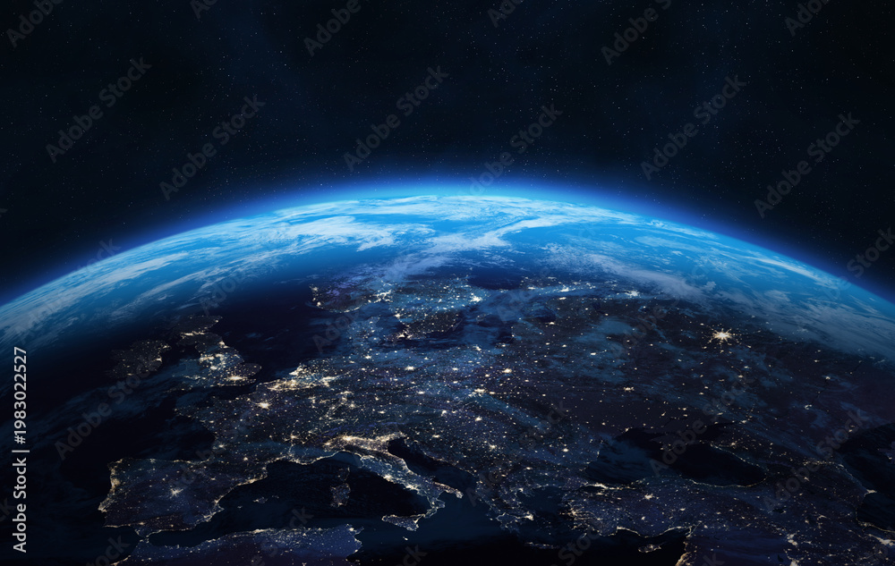 Obraz premium Earth planet. Europe and Asia. Night on planet with cities lights. Central, North, West, South, East Europe at night viewed from space, high resolution.