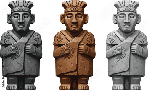 Ancient Tribal Statue Collection with Stone and Wooden Sculptures Representing Indigenous Culture, Traditional Artifacts, and Historical Heritage Decorative Illustration Set