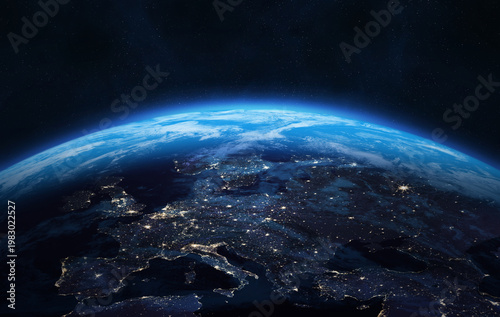 Earth planet. Europe and Asia. Night on planet with cities lights. Central, North, West, South, East Europe at night viewed from space, high resolution.