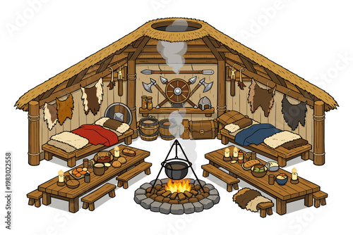 Viking Longhouse Interior Scene