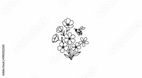 Delicate line art of a bee hovering near a cluster of wildflowers on a white background