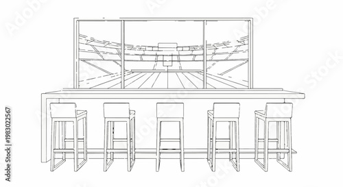 A sketch of a bar counter with stools, overlooking a stadium