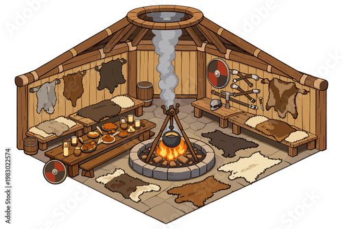 Viking Longhouse Interior Scene