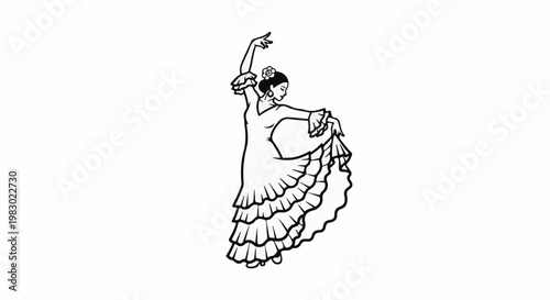 Elegant dancer in a ruffled dress and hair flower performs a dramatic pose