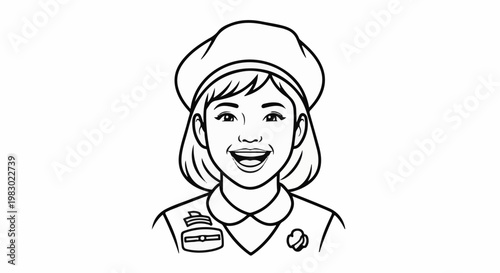 Cheerful girl in uniform, smiling with open mouth, wearing a hat and insignia