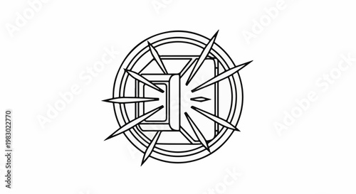 Circular emblem with radiating spikes around a central rectangular form