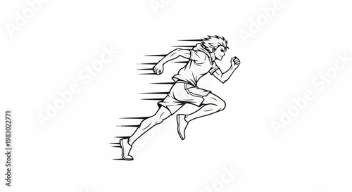 Dynamic black and white illustration of a fast-moving runner with motion lines