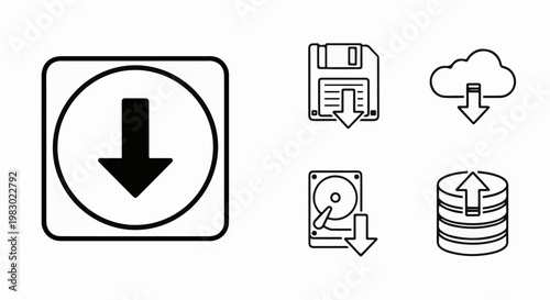 Collection of five icons representing data transfer and storage operations