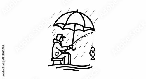Man fishing under an umbrella during a rain shower, with a caught fish