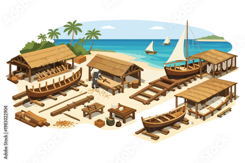 Tropical Boat Building Scene