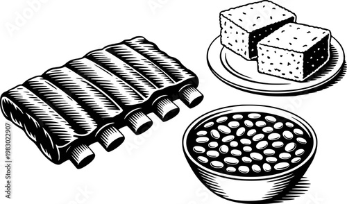 Black and white of pork ribs, baked beans, and cornbread white background, meat food