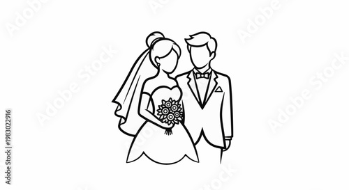 Couple dressed in wedding attire, bride holding bouquet