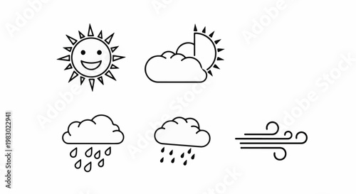 Minimalist icons for weather sun, sun behind clouds, rain, and wind