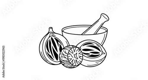 Line art of nutmegs and a mortar and pestle