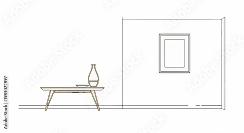 Minimalist interior sketch featuring a vase and plate on a table and a framed picture