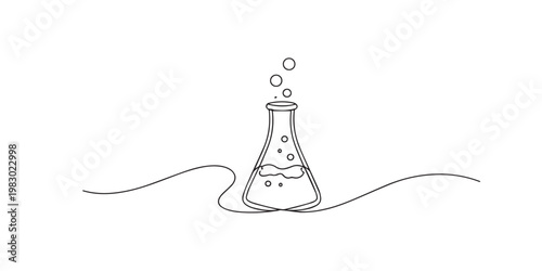 single line laboratory flask.continuous line drawing of chemical flask with bubbling liquid.science experiment and chemistry concept.one line vector illustration.