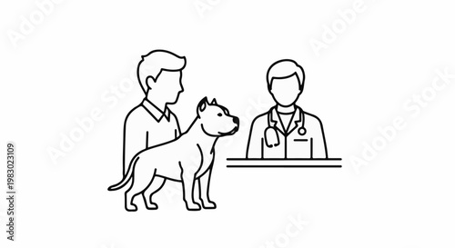 Owner with dog and veterinarian consulting, black outline graphic