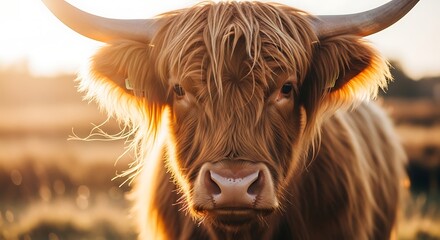 A close-up shot of a majestic Highland cow standing in a serene field during sunset.