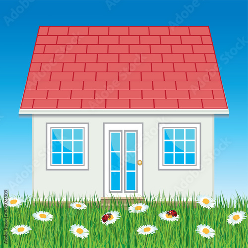 Beautiful house with green grass and daisies. Real estate. Hand drawn vector illustration.