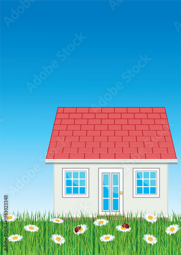 Beautiful house with green grass and daisies for sale. Real estate. Hand drawn vector illustration. A4 flyer portrait format.