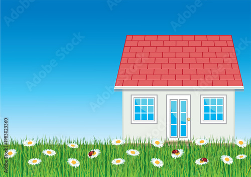 Beautiful house with green grass and daisies for sale. Real estate. Hand drawn vector illustration. A4 flyer landscape format.