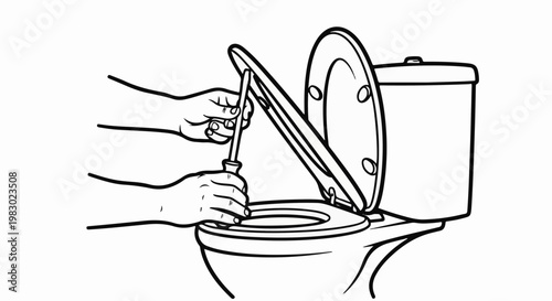 Hands using a screwdriver to fix a toilet lid