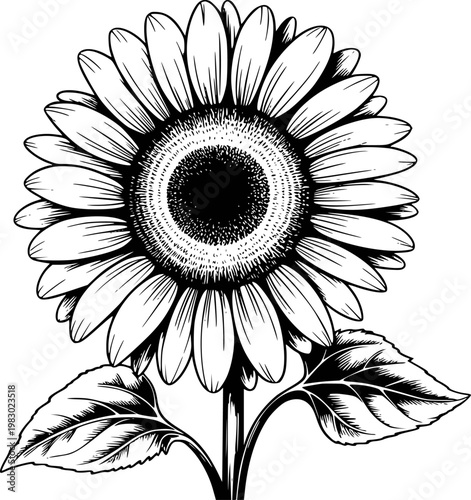 Detailed black and white line of a single sunflower with leaves nature botanical