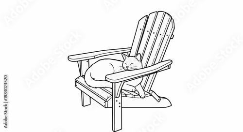 A relaxed cat naps comfortably on a wooden Adirondack chair