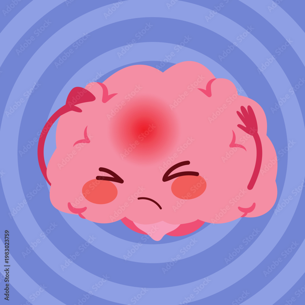 Obraz premium Cartoon vector illustration of a brain mascot suffering headache with circular motion background representing dizziness and mental discomfort
